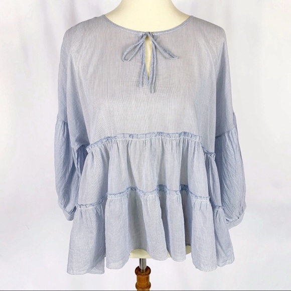 Lucky Brand Tops - Lucky Brand blue & white stripe 3/4 balloon sleeve ruffle tiered top, Small